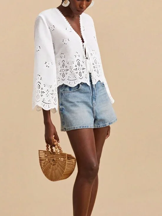 White Casual Women's V Neck Flare Sleeves Blouse - Picture 7 of 10